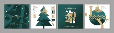 Mutlu Noeller ve mutlu yıllar 2026 modern selamlama seti. Yaratıcı 2026 numara, Noel ağacı ve Noel balosu. Dünyaya neşe, sezon afişleri ve posterleri için vektör tasarımı