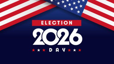Amerika Birleşik Devletleri 'nde Seçim Günü 2026, bayraklı pankart. ABD Seçim Günü 2026 vektör poster tasarımı