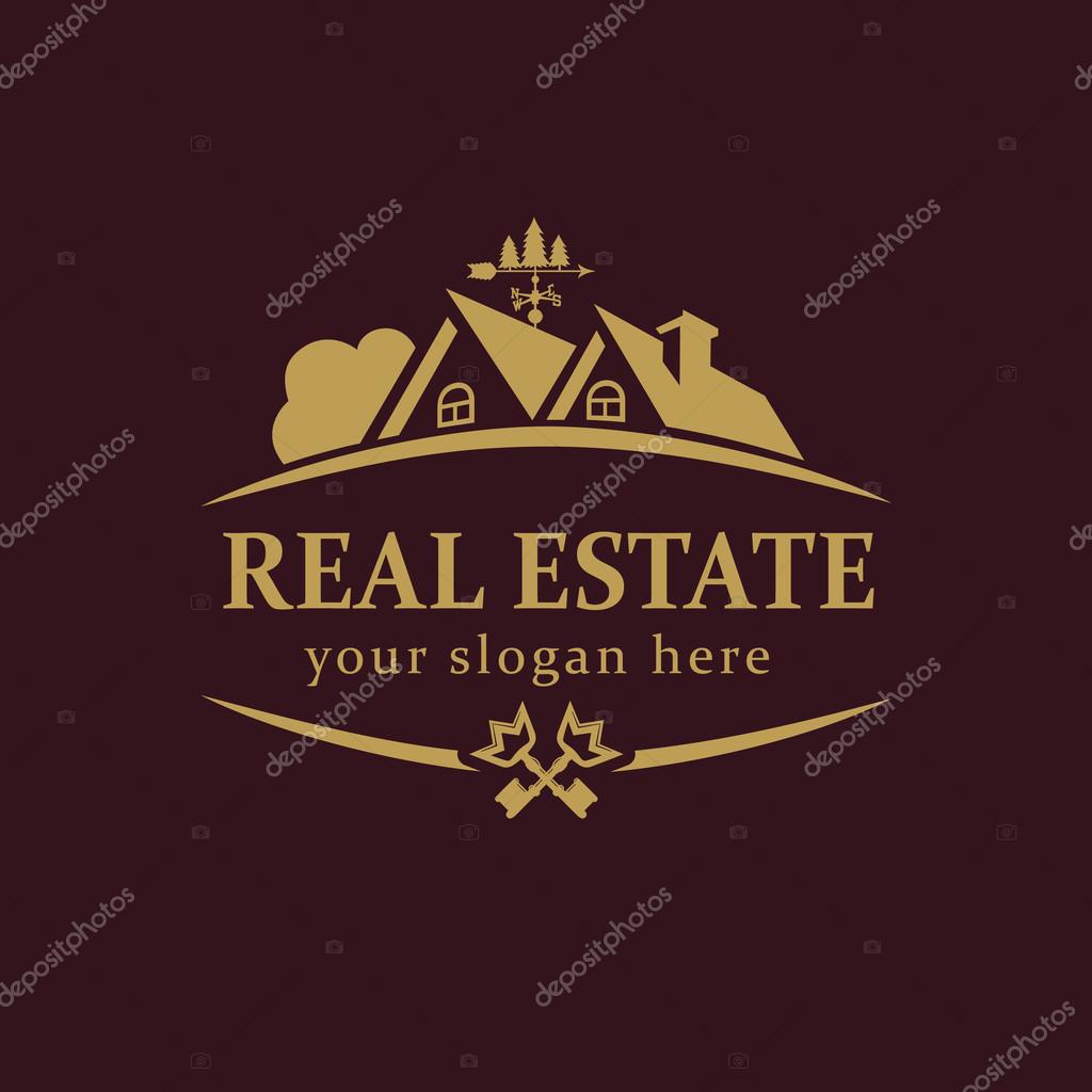 Real-estate vector logo. House for sale or build sign template. Agency, lease, sell, buy, invest or landscaping business identity. Country house luxurious abstract vintage symbol gold colored.