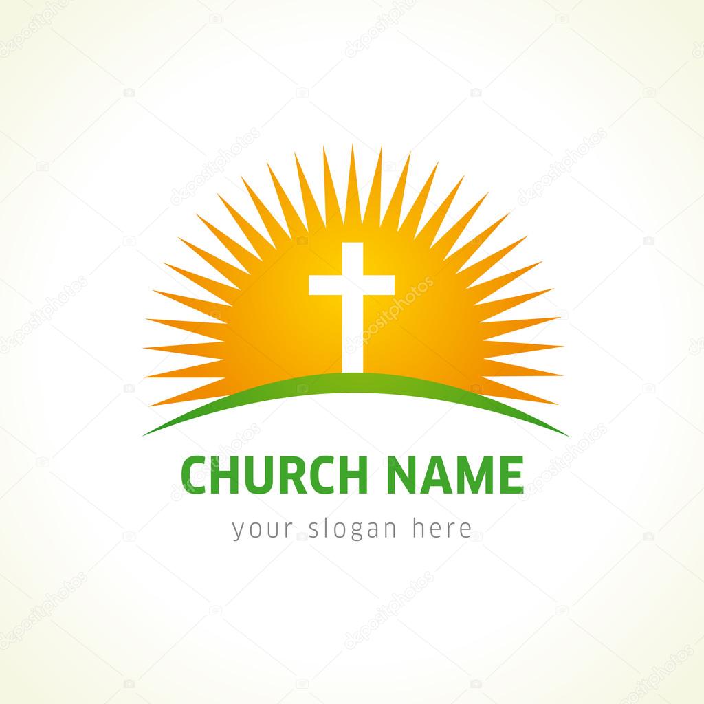 Church vector logo. Lighting crucifix, praying, Golgotha, shining cross. Abstract template of resurrection in yellow and green colors. Religious educational symbol.  Pentecost, Easter greetings.