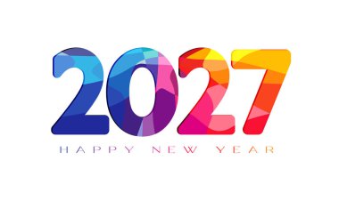 Mutlu yıllar 2027 tebrik kartı tasarımı 3D kağıt kesim stiliyle. Beyaz arkaplan ve yaratıcı numara 2027 renkli desen ve vektör kırpma maskesiyle