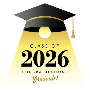 Öğrenme hafiftir, 2026 sınıfı - Tebrikler mezun. Lise veya Üniversite tasarımı için kare akademik kapaklı ve lamba ışığına sahip 2026 sınıfı vektör sanatsal konsepti