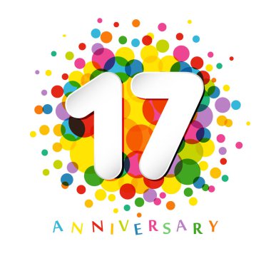 17. yıldönümünüz kutlu olsun. Kağıt sanatı tarzı numara. Renkli noktalar. Soyut çember.