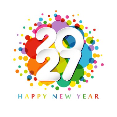 Yeni yıl 2027 tebrik kartı tasarımı. Kare beyaz arkaplan ve soyut renkli elementler