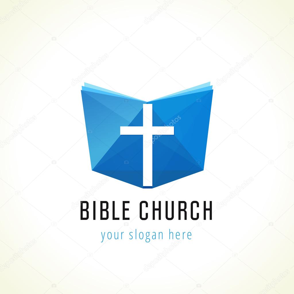 Christian vector logo. Blue colored god's word, stained glass pages, white crucifix. Isolated religious educational emblem. Learning or teaching class. Churches, organizations, smartphone app template