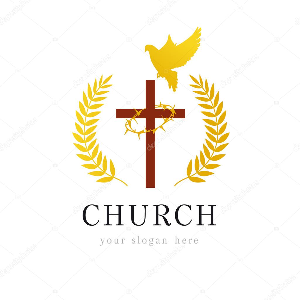 Christian church vector logo. Wooden crucifix, flying dove, gold colored palms branches, win, crown of thorns. Religious bible educational victorious isolated golden emblem template. Holiday symbol.