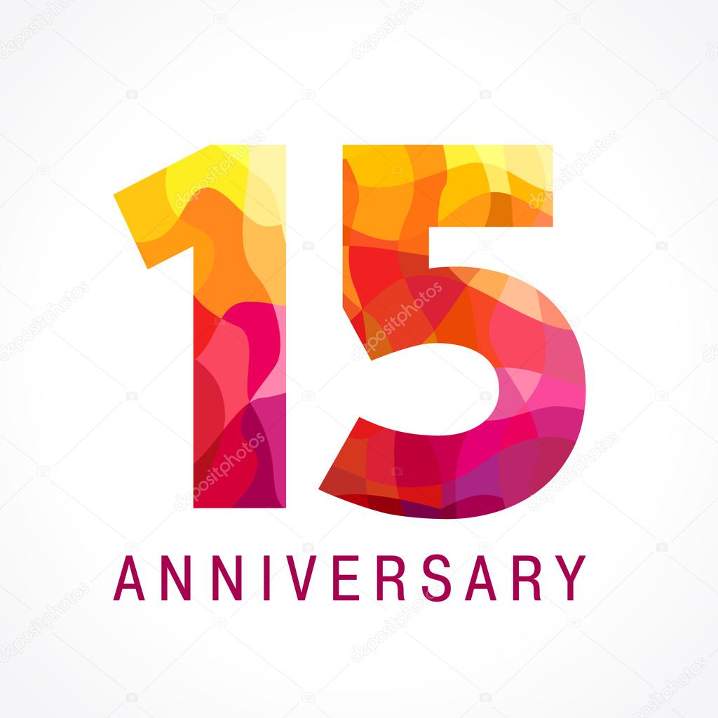 15 years old celebrating fiery logo. Anniversary flamed year of 15 th. Facet congrats flamy numbers. Flaming greetings celebrates with 3D volume. Stained glass flames. Mosaic red colored background.