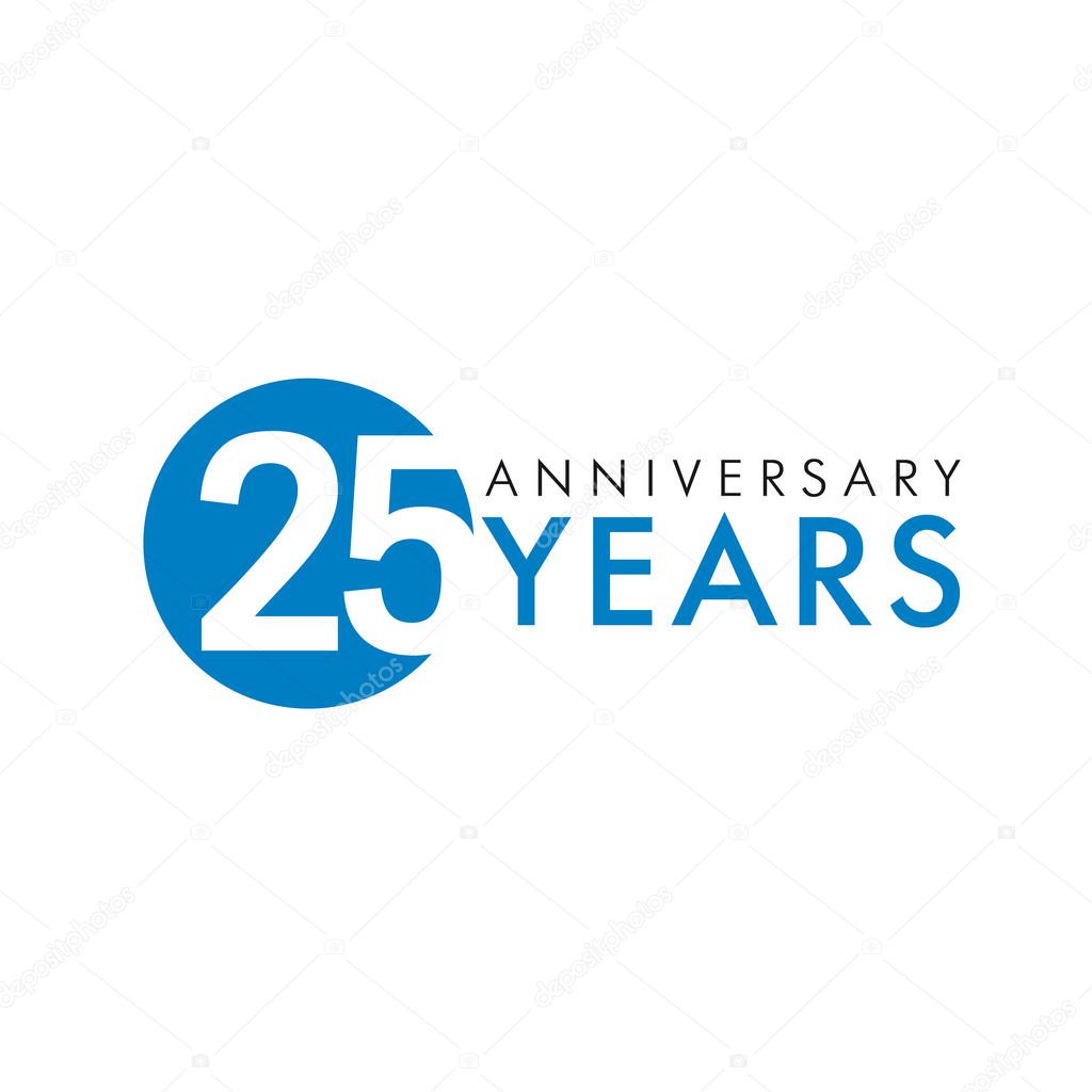 25 years old round logo. Anniversary year of 25 th vector key numbers. Greetings, ribbon, celebrates. Celebrating 2nd, 5th place idea. Colored traditional digital logotype of ages or % off.
