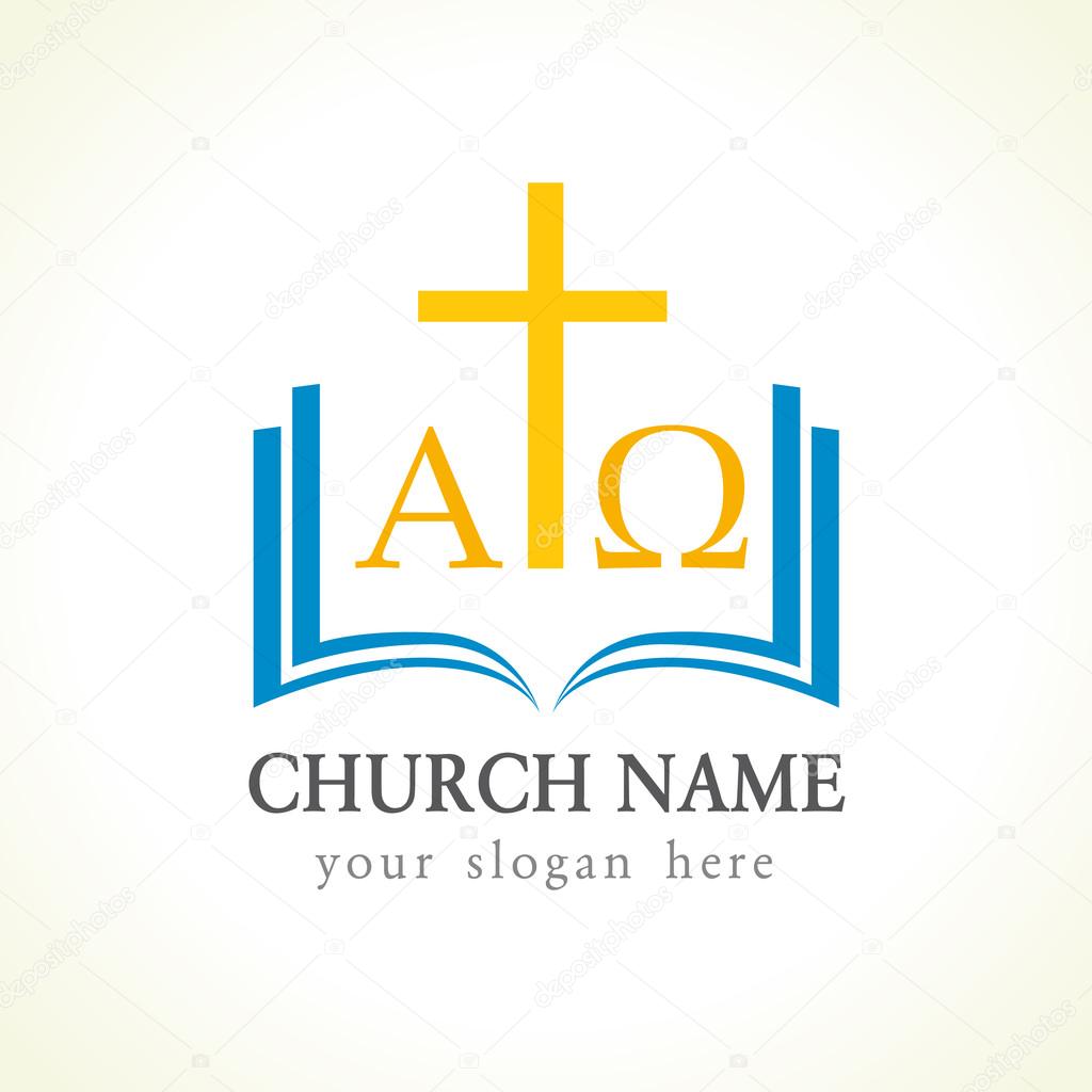 Christian church vector logotype. Gold crucifixion, open blue book, cover, pages, 