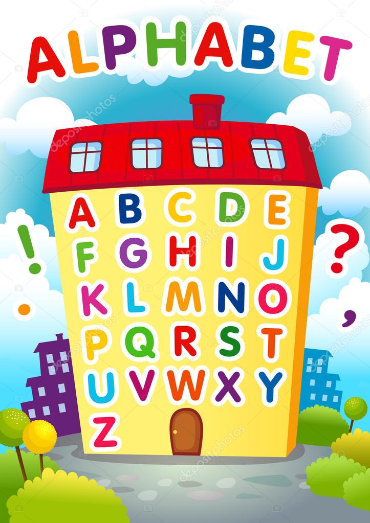Alphabet educational house. English ABC poster in a shape of the house. Welcome back to school, learning letters from A to Z vector banner. Game or cards set for toddlers. Isolated colored collection.