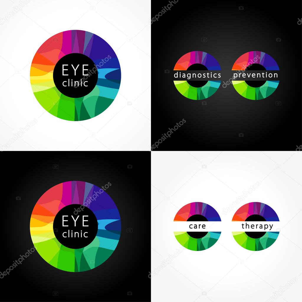 Eye clinic round colored logo. Bright stained glass logotype, color iris, ophthalmology diagnostic health care centers and hospitals. Medical, musical, healthcare or technology icon.