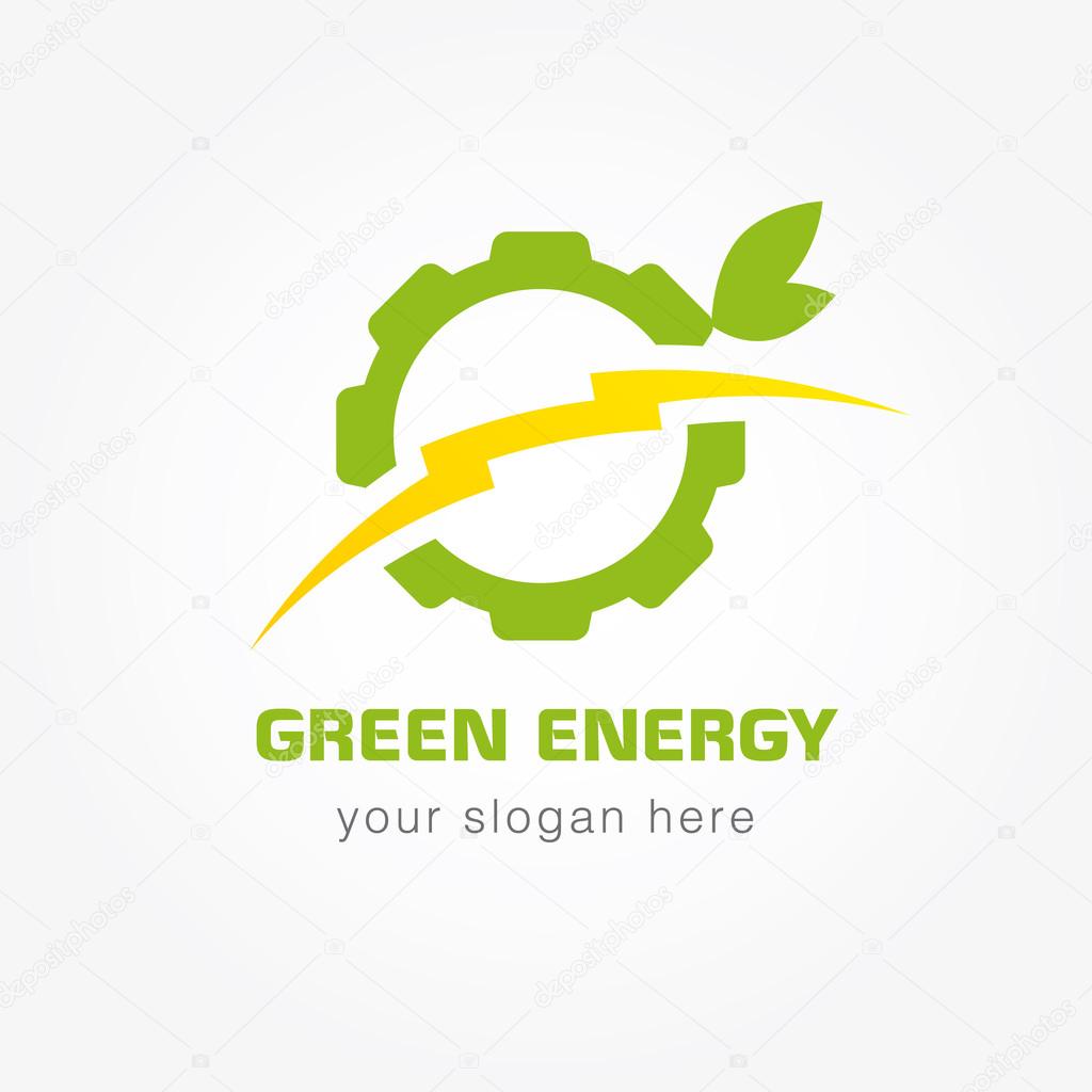 Green energy company logotype. Electrical or mehanic industrial branding concept. Lightning, gears, wheel, tree leaves. Electricity, bolt vector isolated sign concept. Eco brand manufacturing idea.