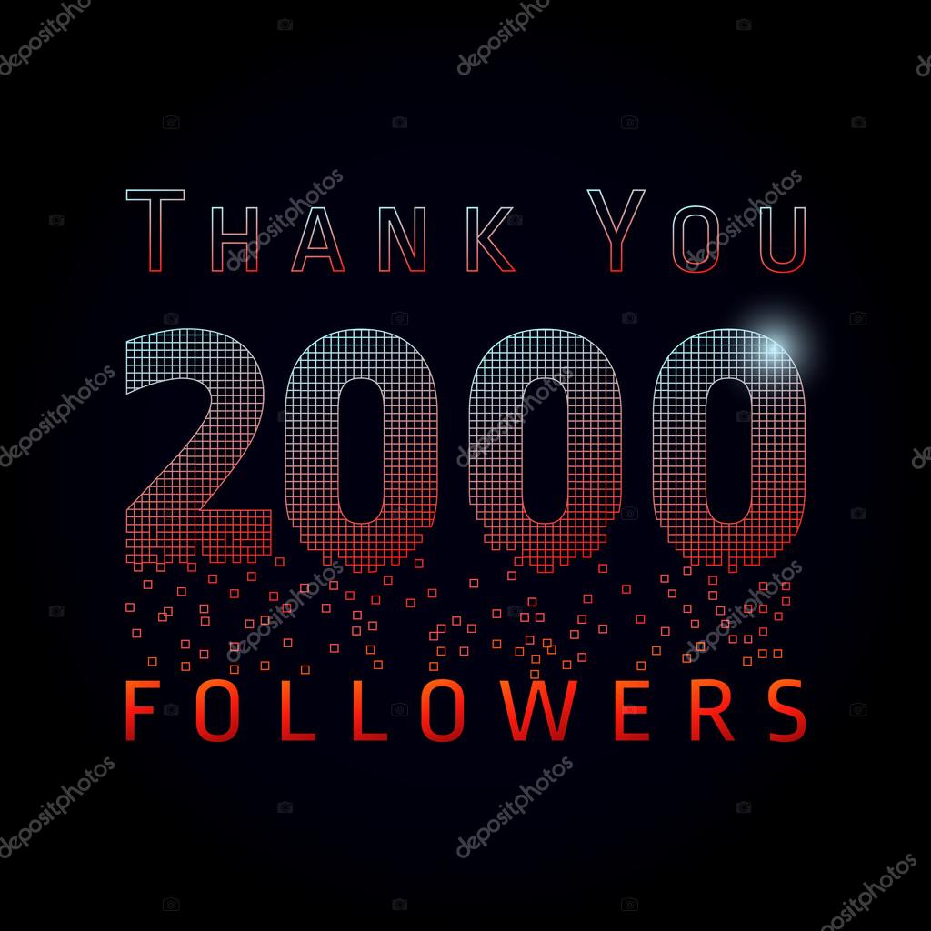 Thank you 2000 followers pixelated numbers. Vector congratulating thanks colored card for network friends, shining pixels. Two thousand likes abstract celebrating picture, dark background, greetings.