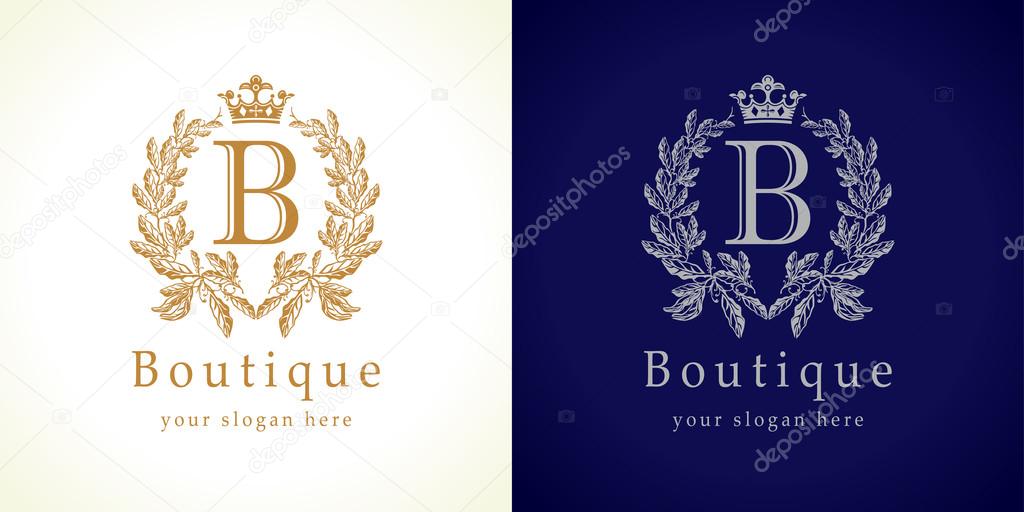 The boutique logotype. The luxurious letter B in traditional style. Awards, prize isolated elegant abstract emblem. Luxurious congratulating celebrating decorative traditional framed template.