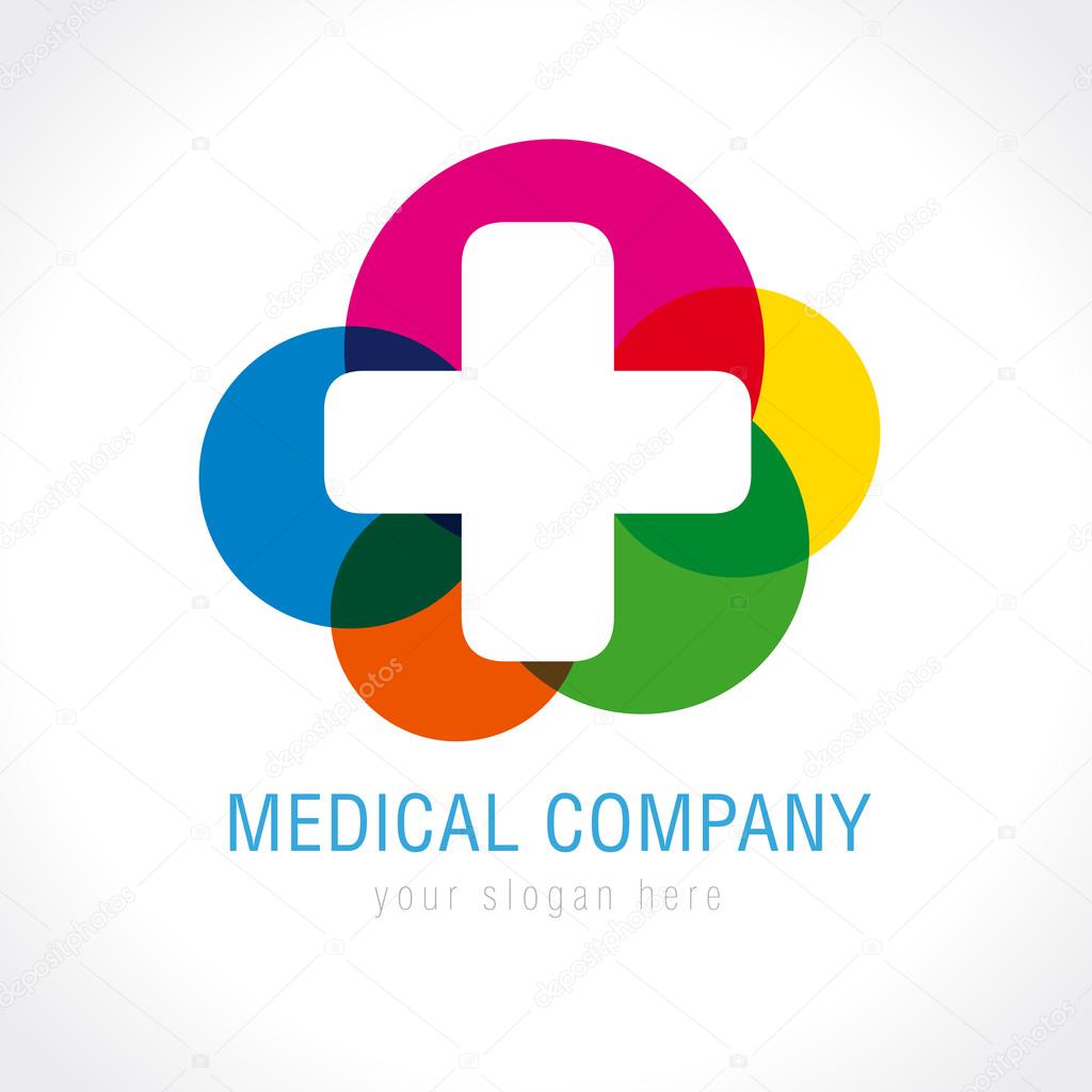 Medical logotype. Pharmacy colored plus cross in a soft shape. Tests, chemical, pharmaceutical centre scheme. Help and health care shape elements. Isolated branding identity concept of healthy life.