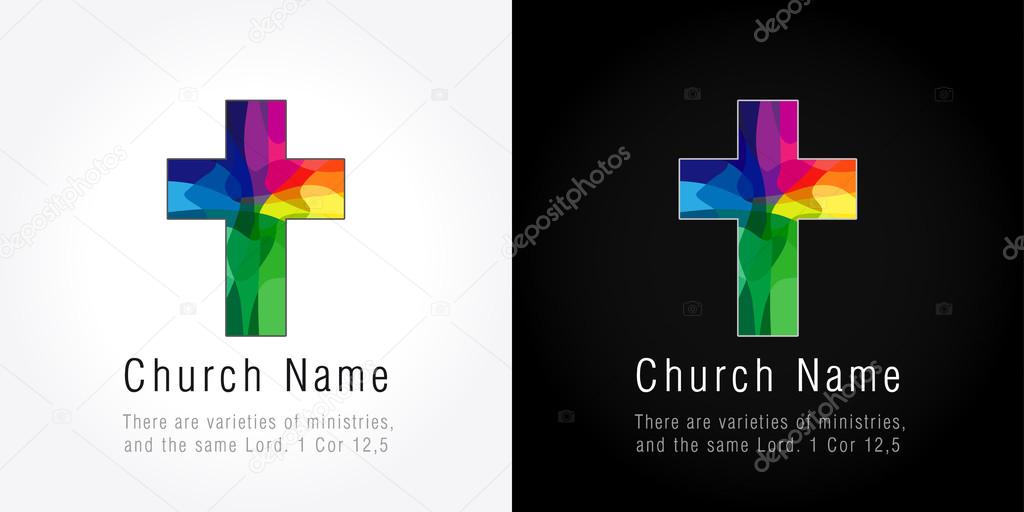 Church logotype, mosaic pattern. Religious vector christian symbol. Template of traditional crucifix in colored puzzles parts. Stained-glass isolated crucifixion, identity, window as pieces and parts.