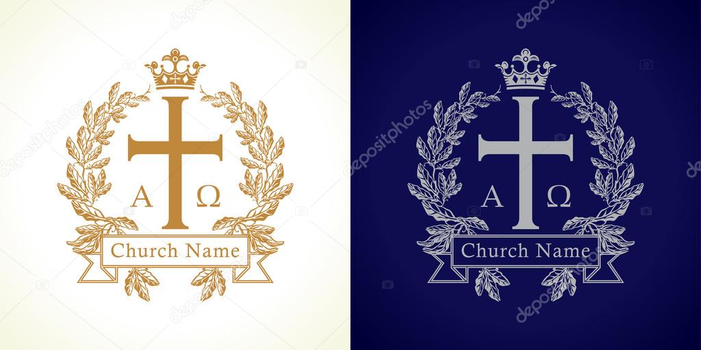 Church logotype. Luxurious traditional isolated crucifixion template in circle. Crucifix framed in palms. Old vector round branches, ribbon sign with Greek ABC letters. God's Kingdom spiritual symbol.