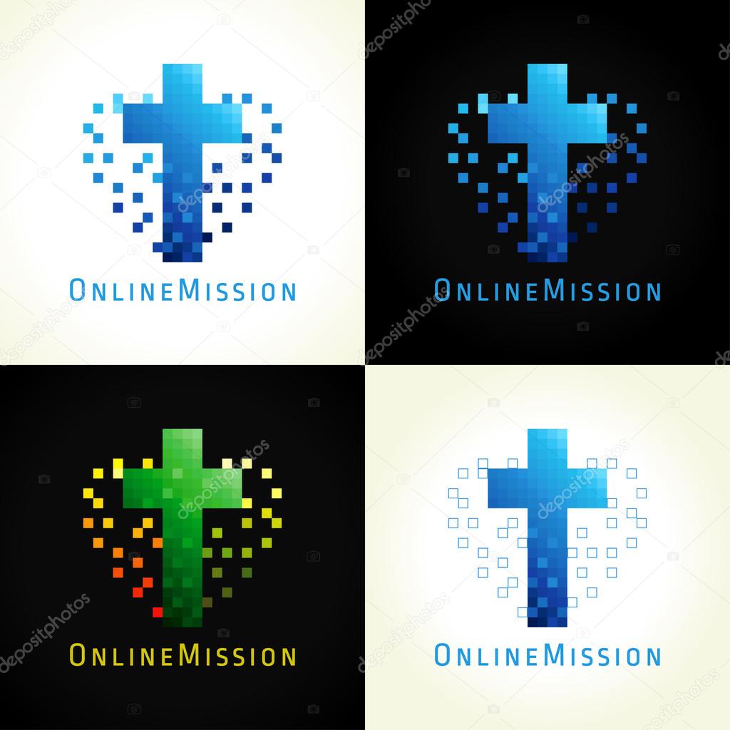 Online mission logotype. Pixelated church vector logo. Lighting crucifixion pixels digital heart. Yellow red blue green learn colored template. Religious educational isolated abstract branding symbol.
