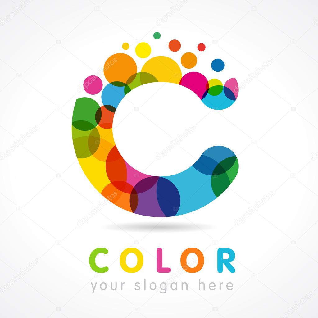 Letter C logotype. Isolated abstract emblem. Stained glass colores graphic template. Clouds and bubbles with multicolored bunch. Corporate soft branding identity. Vector mosaic trendy logo.