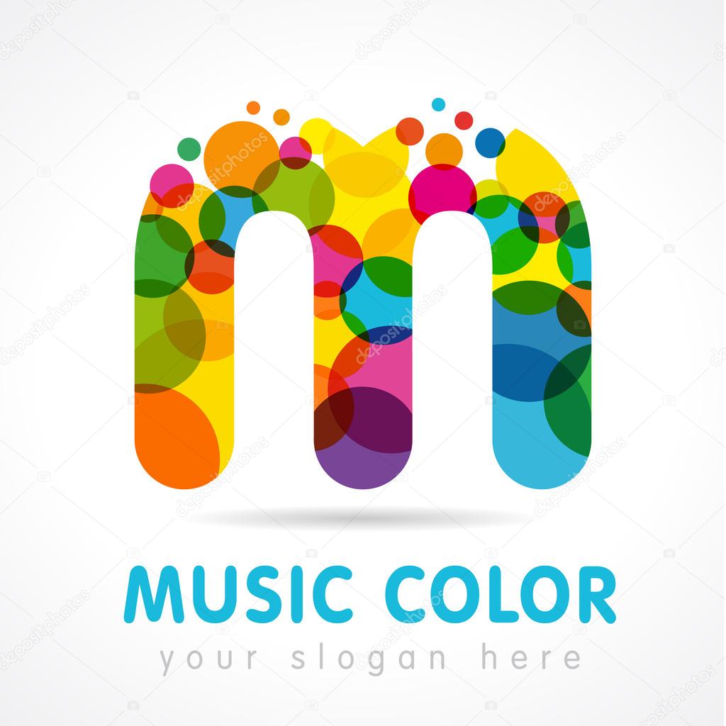 Letter M logotype. Isolated abstract emblem. Stained glass colores, graphic template. Clouds and bubbles with multicolored bunch. Soft branding identity. Vector mosaic trendy logo.