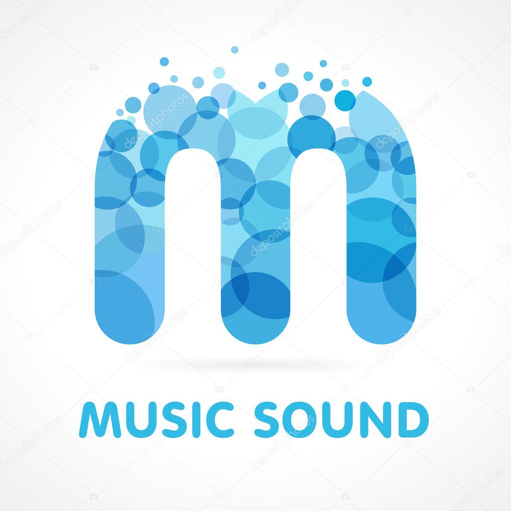 Letter M logotype. Isolated abstract emblem. Blue colored drops, wasing, clouds and bubbles bunch graphic template. Soft branding identity. Vector mosaic trendy logo.