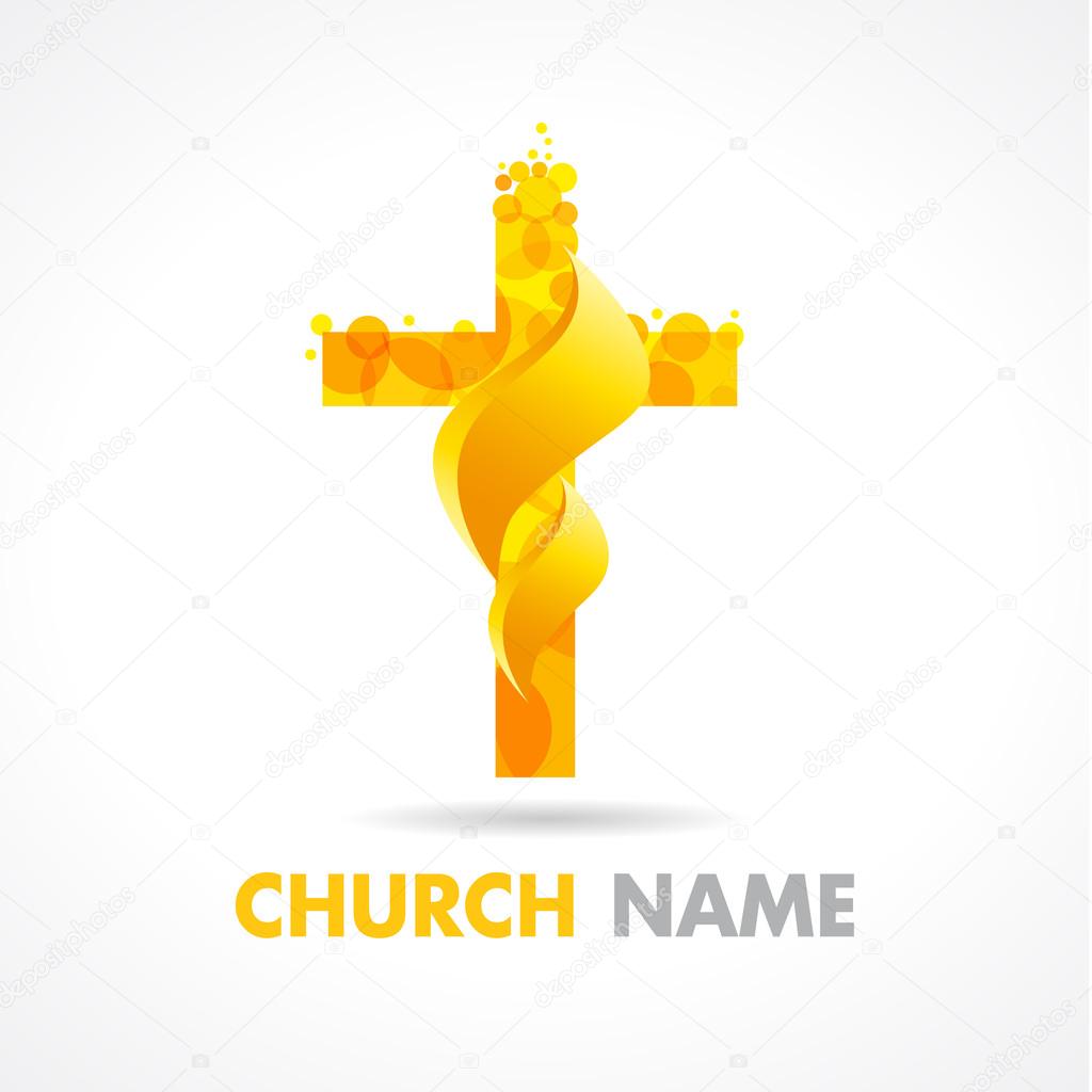 Church logotype. Religious traditional isolated rescue crucifixion template. Pentecost Sunday vector greetings. Fiery flaming shining burning glowing celebrating sign. He is risen celebrate symbol.