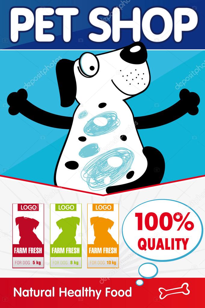 Pet shop poster. Dog dreams and hugs. Dog is dreaming about food or bone. Pets food business, walking dogs branding identity idea. Animated thinking and smiling puppy muzzle vector illustration.