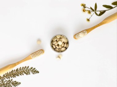 Bambu diş fırçaları, tabletlerde diş macunu, kurumuş çiçekler. Beyaz arka planda. Ekoloji, plastiksiz, sıfır atık.