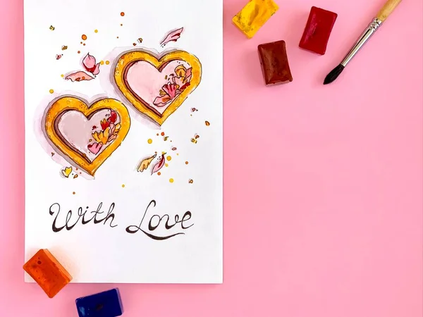 Aquarell Skizze Herzförmige Torten Blütenblätter Inschrift Mit Liebe Farben Pinsel — Stockfoto