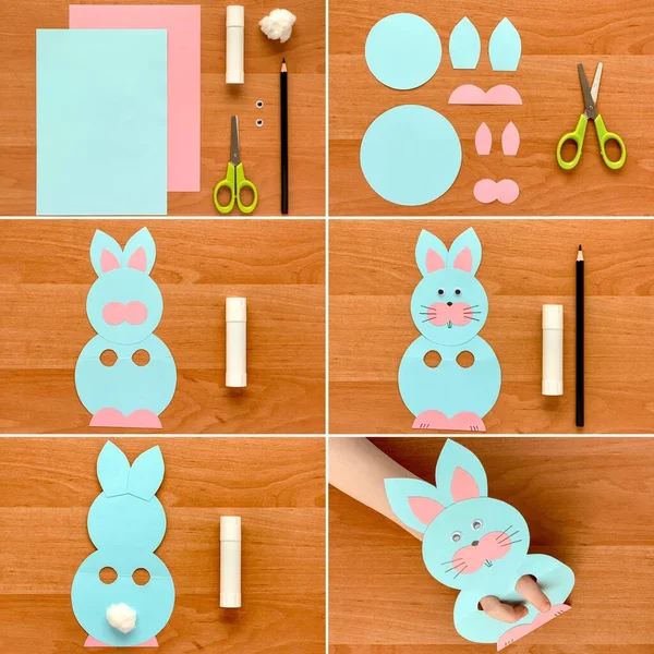 Collage. Step by step instruction. Blue bunny made of colored paper. Easter concept. Imagens Royalty-Free