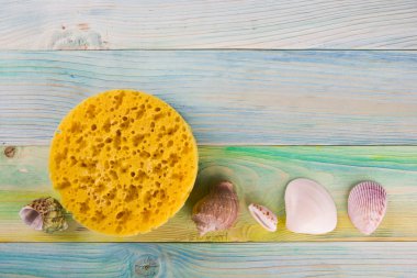 Yaz deniz tatil mockup arka plan. Defter seyahat öğeler üzerinde mavi yeşil ahşap masa boş sayfayla. Deniz kabukları, çakıl taşları, üstten görünüm.