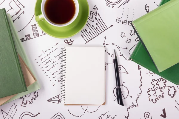 Office table desk with supplies, blank note pad, cup, pen on white background of business strategy. Top view copy space education backdrop. — Stock Photo, Image