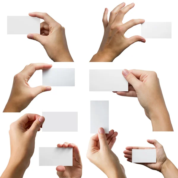 Hands holding white business card isolated on white background — Stock Photo, Image
