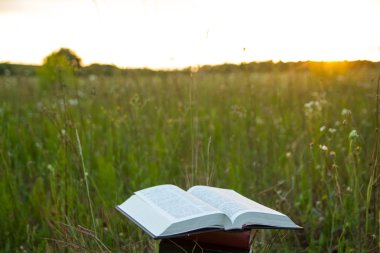 Açık ciltli kitap İncil karşı günbatımı