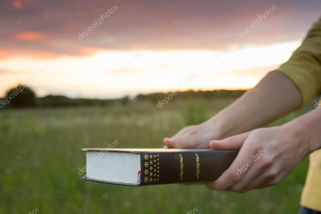 Opened hardback book Bible against sunset