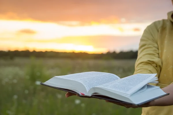 Frauenhände halten aufgeschlagenes gebundenes Buch, Tagebuch gegen Sonnenuntergang — Stockfoto