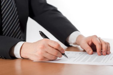 Hands signing business documents. Signing papers. Lawyer clipart