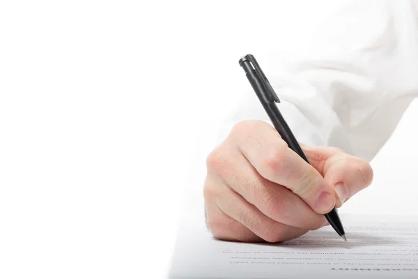 Handsignierpapiere von Geschäftsleuten. Anwalt, Makler, Geschäftsmann unterschreiben Dokumente auf weißem Hintergrund. Kopierraum für Text. — Stockfoto