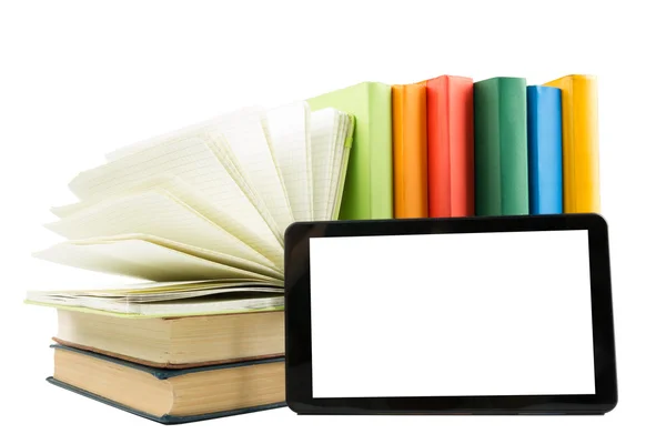 Stack of colorful books and electronic book reader. Back to school — Stock Photo, Image