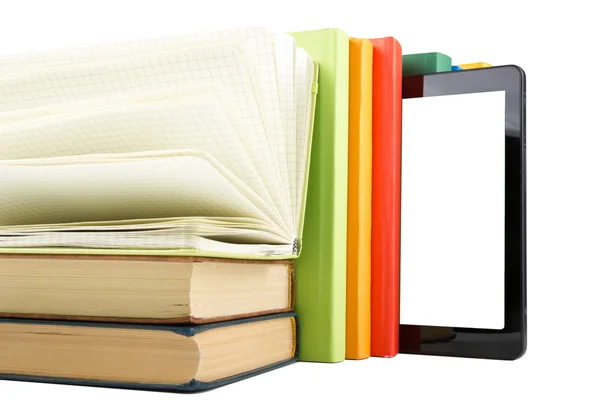 Stack of colorful books and electronic book reader. Back to school — Stock Photo, Image