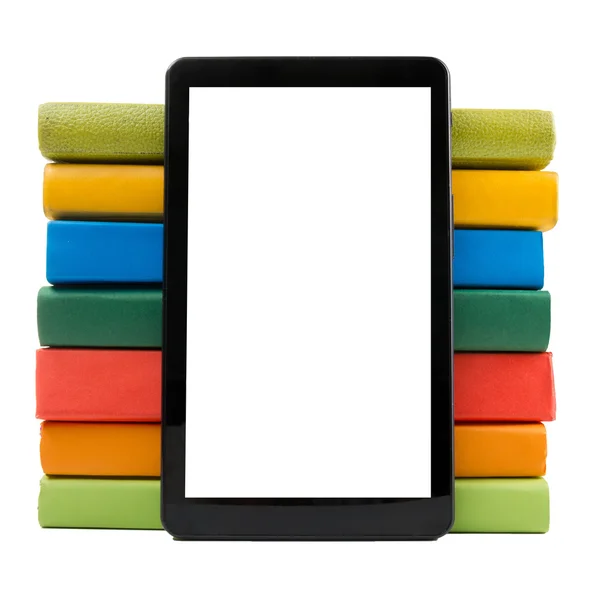 Stack of colorful books and electronic book reader. Back to school — Stockfoto