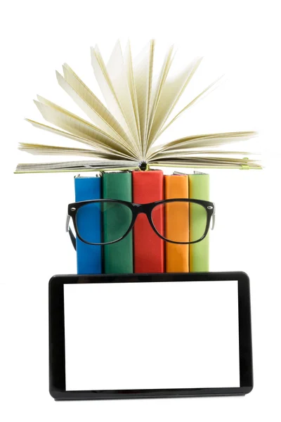Stack of colorful books and electronic book reader. Back to school — Stockfoto