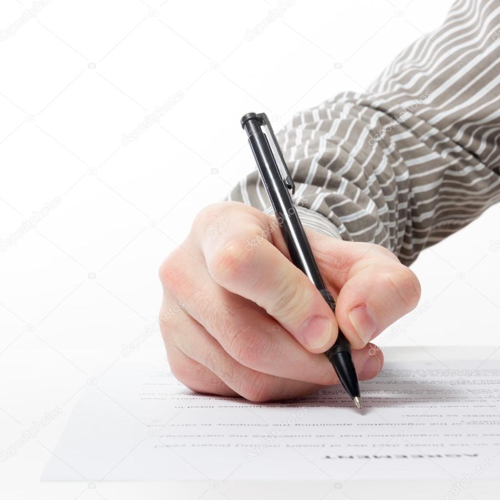 Businessman's hand signing papers. Lawyer, realtor, businessman sign documents on white background. Copy space for text.