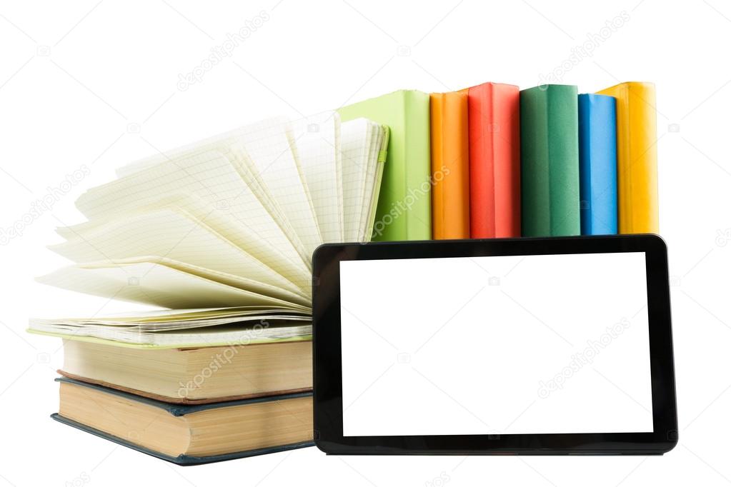 Stack of colorful books and electronic book reader. Back to school