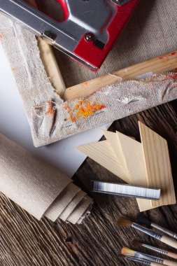Set of brushes for painting, canvas, stapler, staples, subframe 