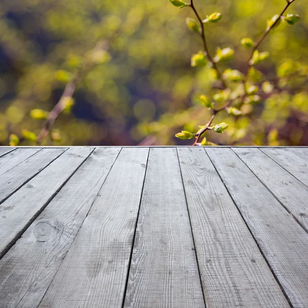 Piso perspectiva madera con tablones en borrosa natural verano b — Foto de Stock