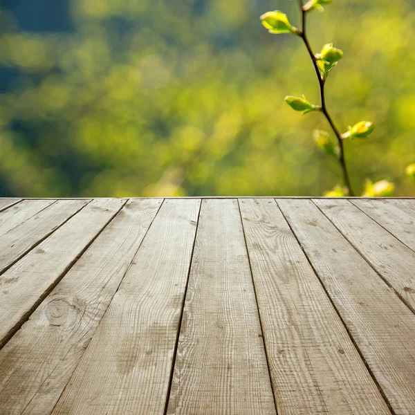 Wooden perspective floor with planks on blurred natural summer b — Stock Photo, Image