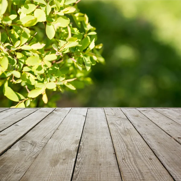 Wooden perspective floor with planks on blurred natural summer b — Stock Photo, Image