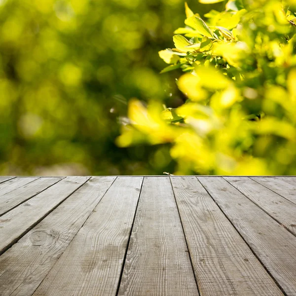 Perspektywy drewniane podłogi z desek, na tle niewyraźne lato. — Zdjęcie stockowe