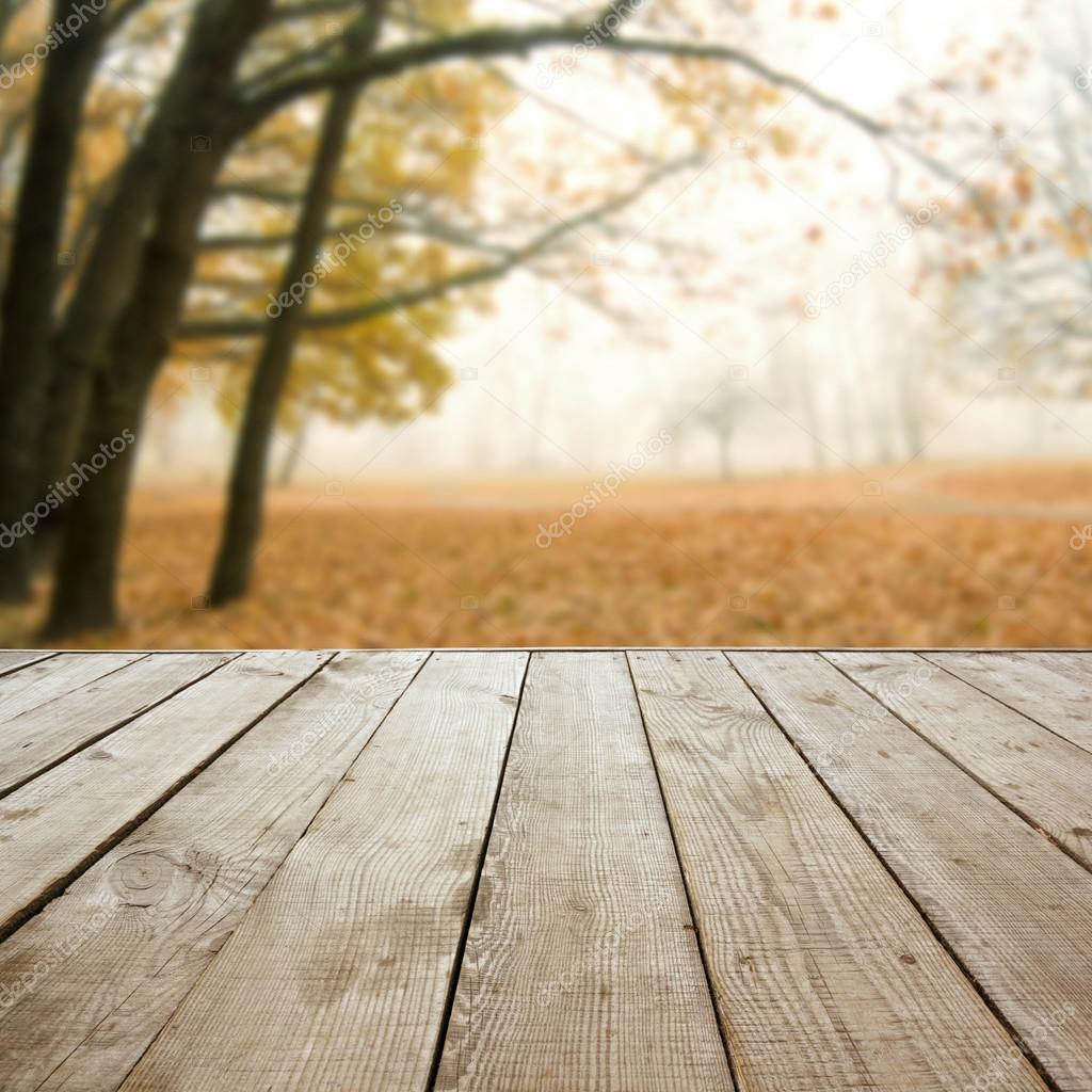 Wooden perspective floor with planks on blurred natural autumn background, can use for display or montage your products template. Copy space. Vintage toned.